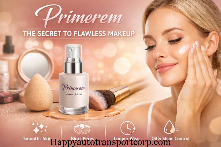 Primerem makeup primer bottle with beauty tools preparing skin for flawless makeup application