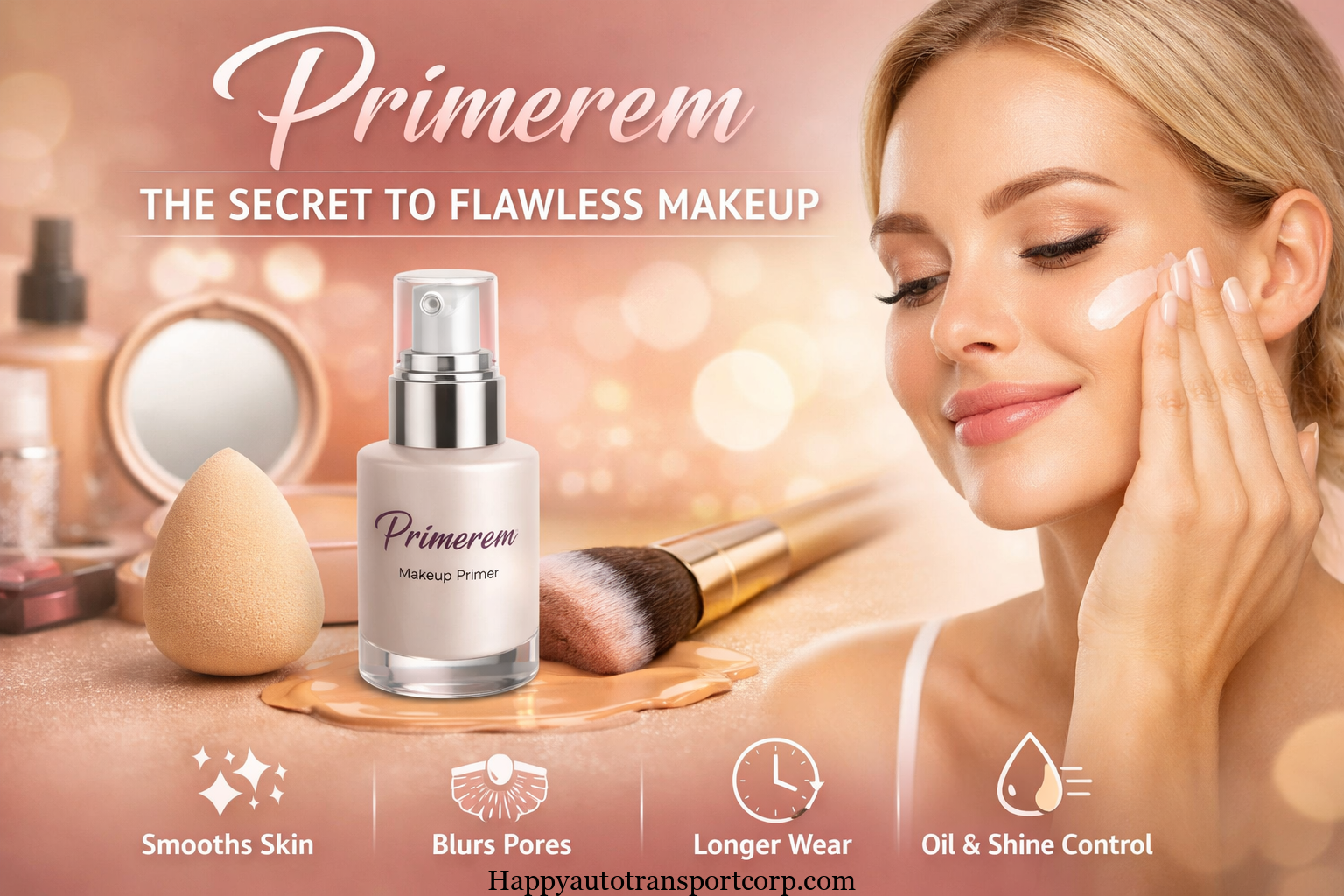 Primerem makeup primer bottle with beauty tools preparing skin for flawless makeup application