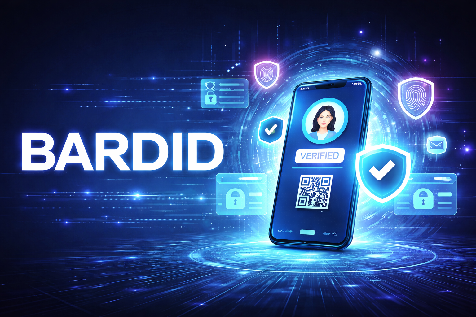Bardid digital identity verification system with smartphone, biometric security icons, and encrypted authentication technology
