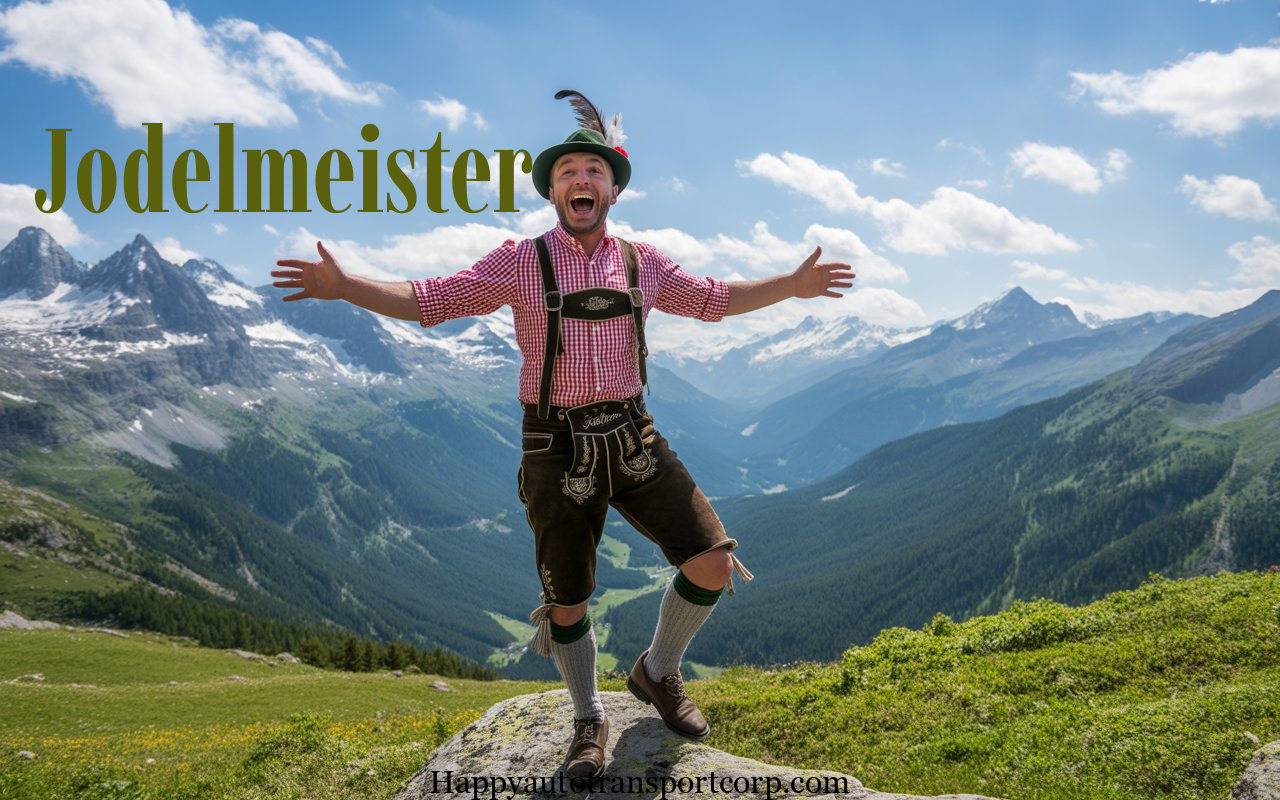 A Jodelmeister singing yodel in traditional Alpine clothing on a green hillside with snow-capped mountains in the background
