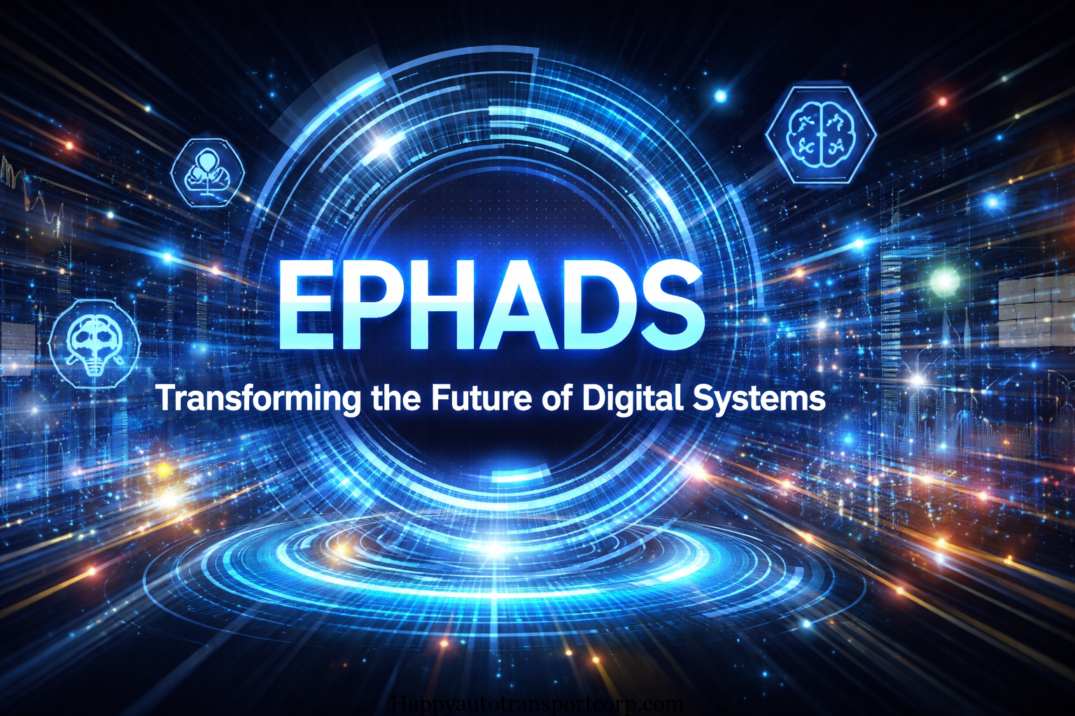 Illustration of Ephads technology showing AI-driven data streams, digital interfaces, and adaptive systems