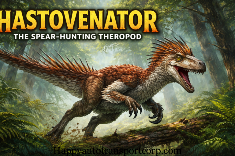 Alt Text: Hastovenator, a feathered small theropod dinosaur with quills along its back and tail, hunting in a dense prehistoric forest