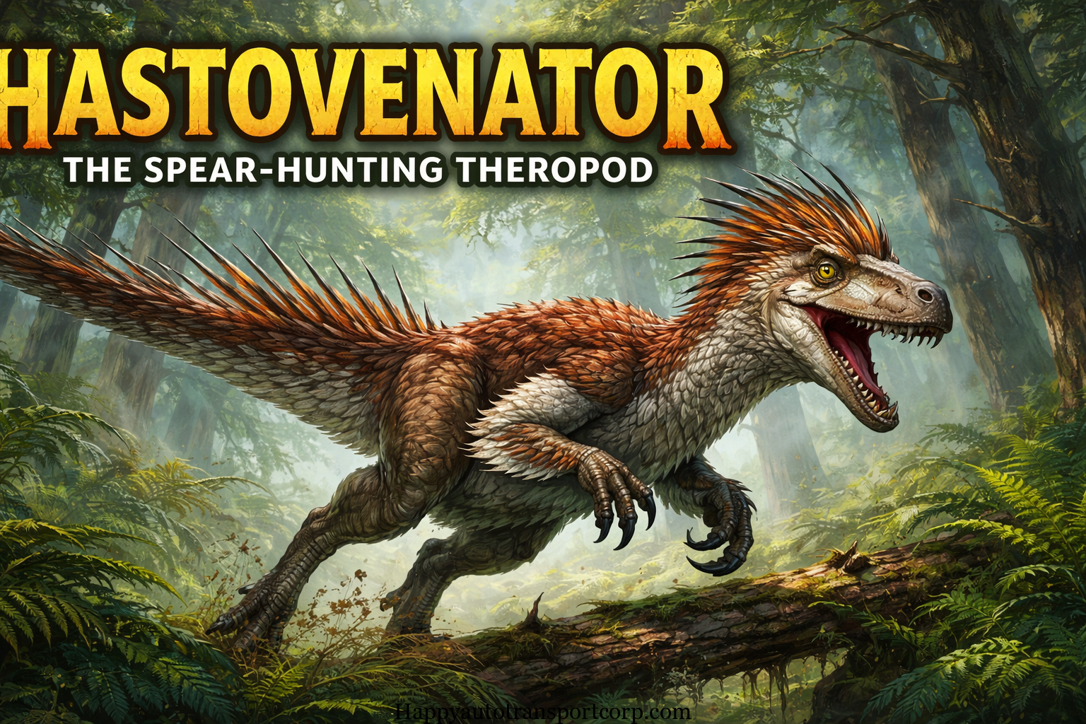 Alt Text: Hastovenator, a feathered small theropod dinosaur with quills along its back and tail, hunting in a dense prehistoric forest