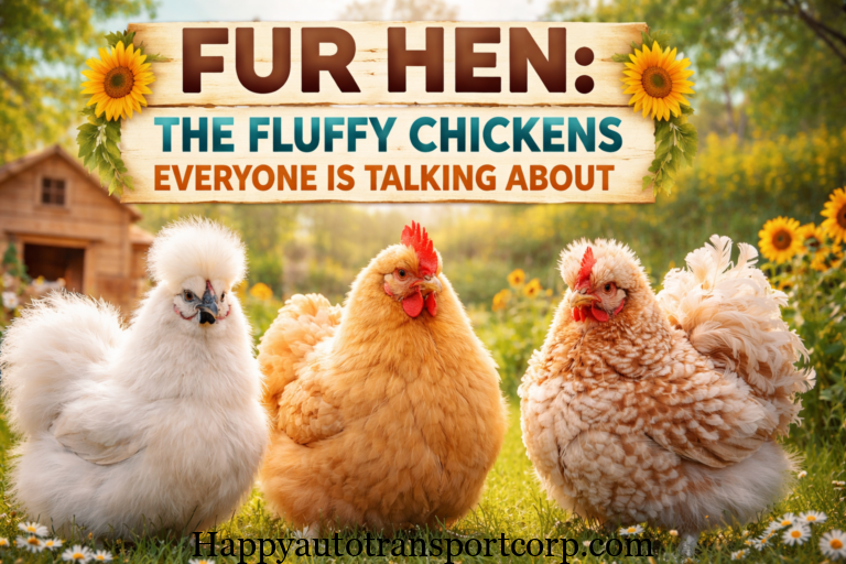 Three fluffy fur hens including a Silkie, Cochin, and Frizzle, standing in a sunlit backyard with a wooden coop and flowers in the background