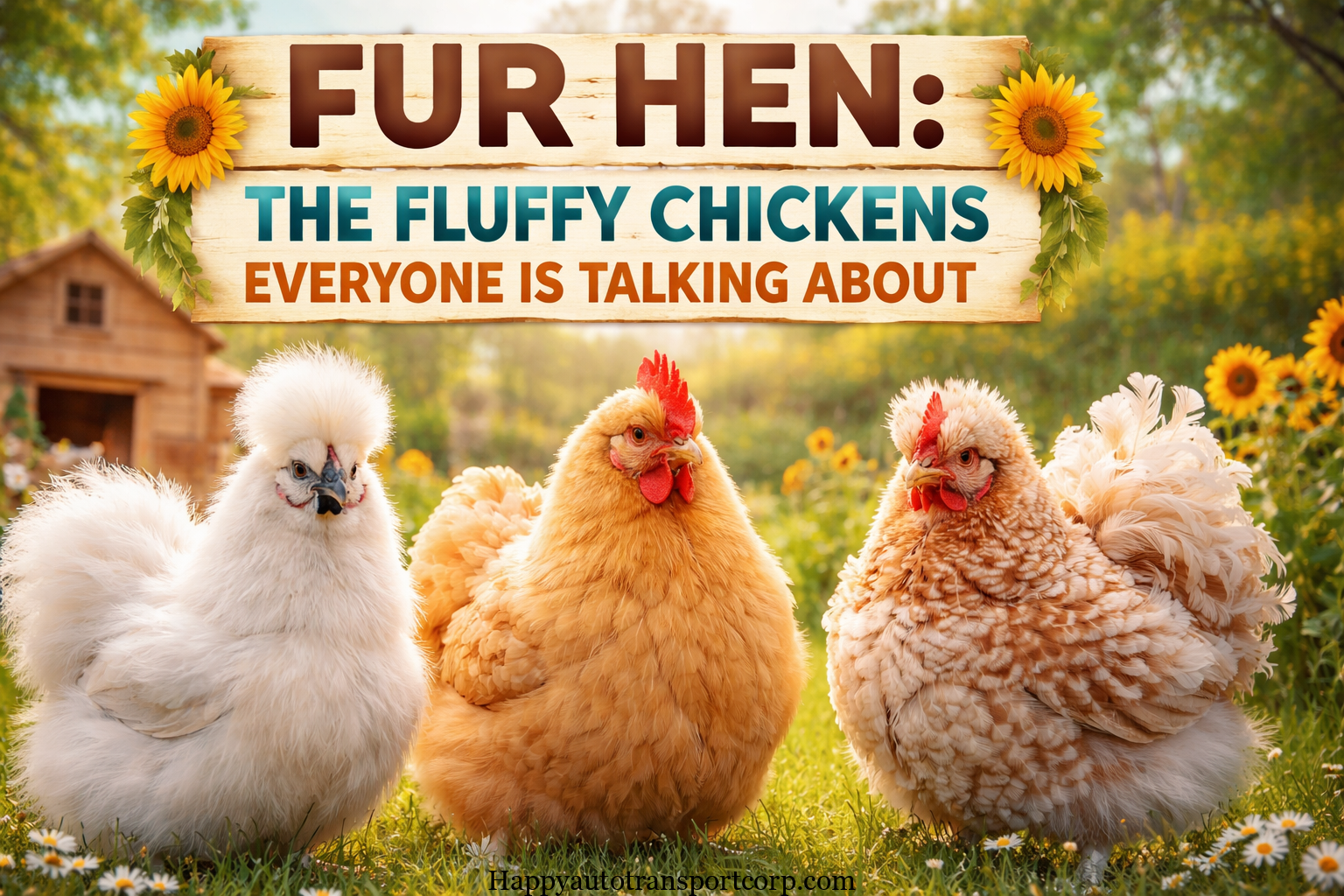 Three fluffy fur hens including a Silkie, Cochin, and Frizzle, standing in a sunlit backyard with a wooden coop and flowers in the background