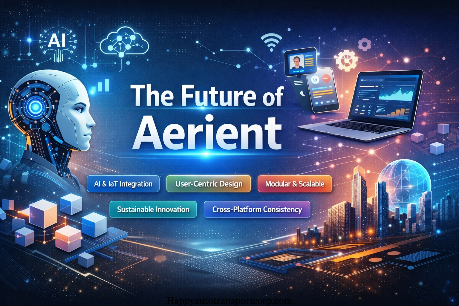 Futuristic digital ecosystem illustrating Aerient principles with AI, cloud computing, modular systems, and cross-platform integration